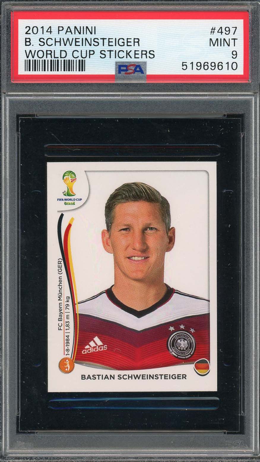 Bastian Schweinsteiger 2014 Panini World Cup Stickers Card #497 PSA 9-Powers Sports Memorabilia