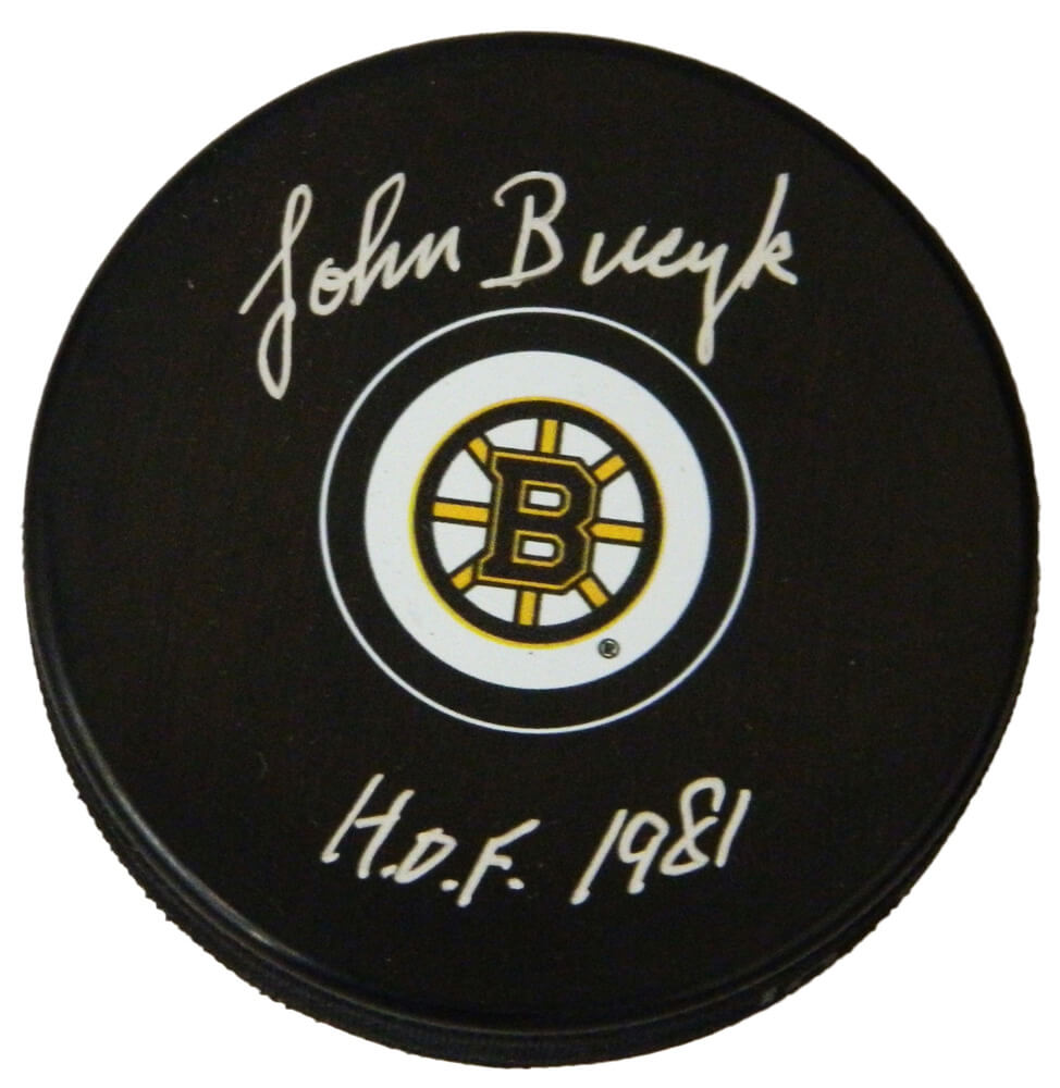 Johnny Bucyk Boston Bruins Autographed Logo Hockey Puck w/ HOF 1981-Powers Sports Memorabilia