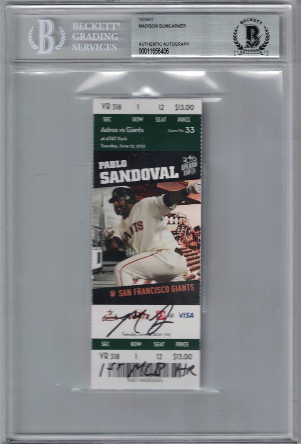 Madison Bumgarner San Francisco Giants Signed Card - Ticket 1st MLB HR BAS Slab Beckett-Powers Sports Memorabilia