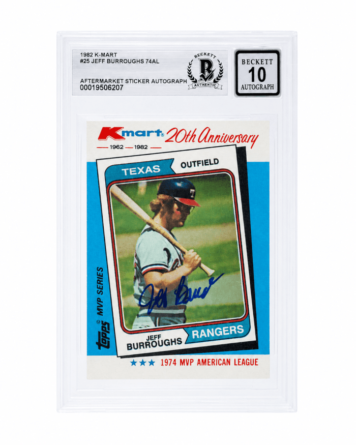 Jeff Burroughs Autographed Rangers 1982 Topps Kmart Baseball Trading Card #25 - (Beckett - Auto Sticker - Grade 10)-Powers Sports Memorabilia