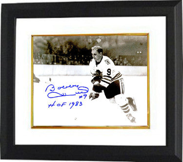 Bobby Hull Autographed Chicago Blackhawks B&W 8 x 10 Photograph Custom Framing with #9 HOF 1983 - Schwartz Hologram-Powers Sports Memorabilia