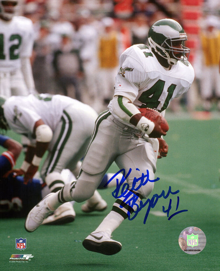 Keith Byars Autographed Philadelphia Eagles White Jersey Action 8x10 Photo-Powers Sports Memorabilia