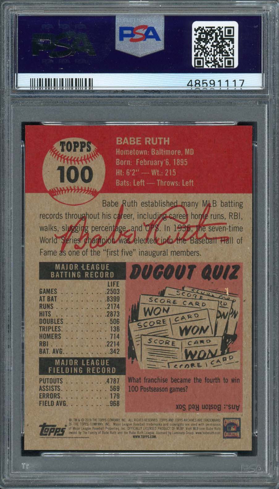 Babe Ruth 2018 Topps Living Baseball Card #100 Graded PSA 9 MINT-Powers Sports Memorabilia