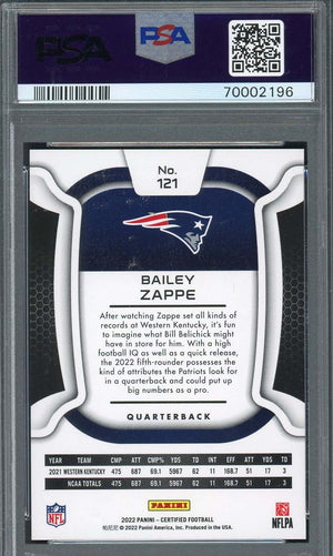 Bailey Zappe 2022 Panini Certified Rookie Card RC #121 Graded PSA 9 #/399-Powers Sports Memorabilia