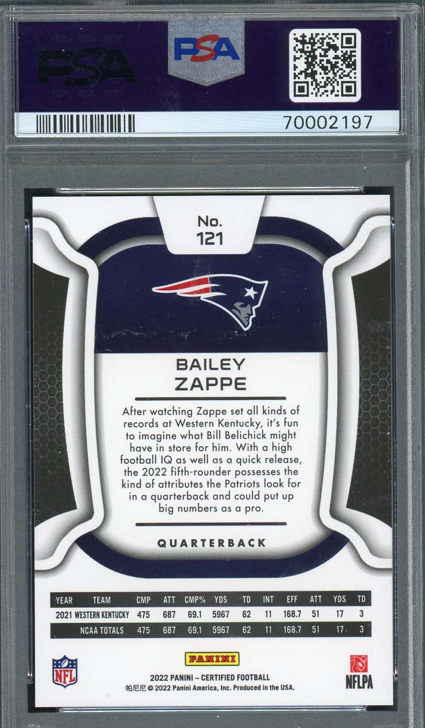 Bailey Zappe 2022 Panini Certified Mirror Rookie Card #121 Graded PSA 9 #/325-Powers Sports Memorabilia