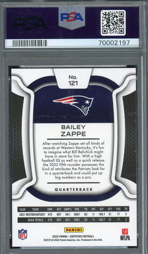 Bailey Zappe 2022 Panini Certified Mirror Rookie Card #121 Graded PSA 9 #/325-Powers Sports Memorabilia