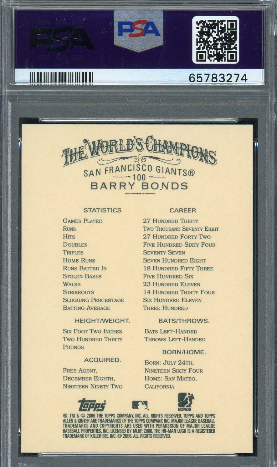 Barry Bonds 2006 Topps Allen & Ginter Baseball Card #100 Graded PSA 10-Powers Sports Memorabilia