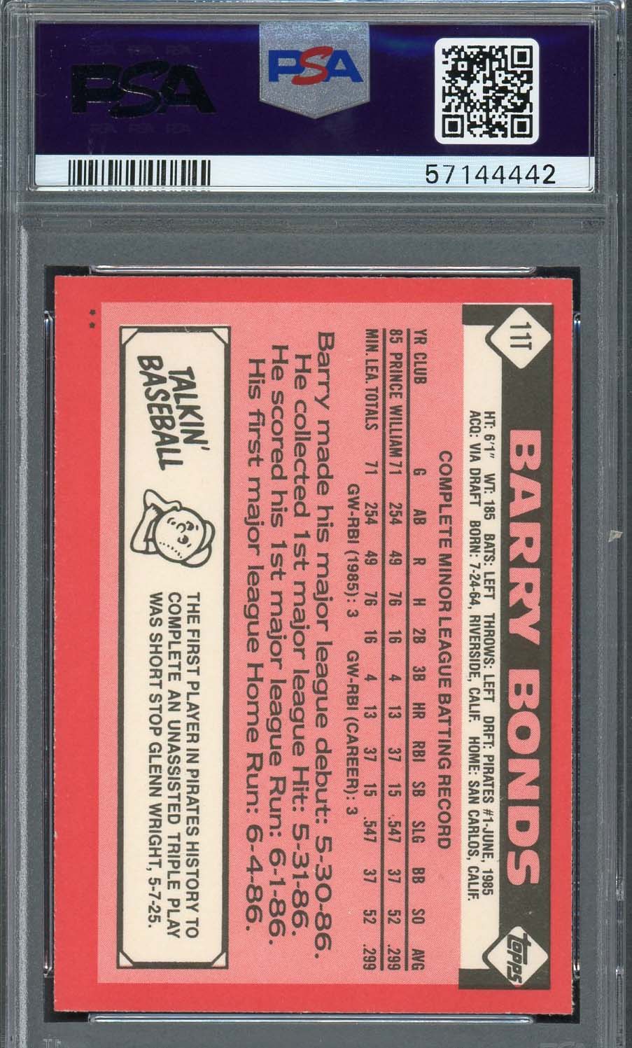 Barry Bonds 1986 Topps Traded Baseball Rookie Card RC #11T Graded PSA 8-Powers Sports Memorabilia