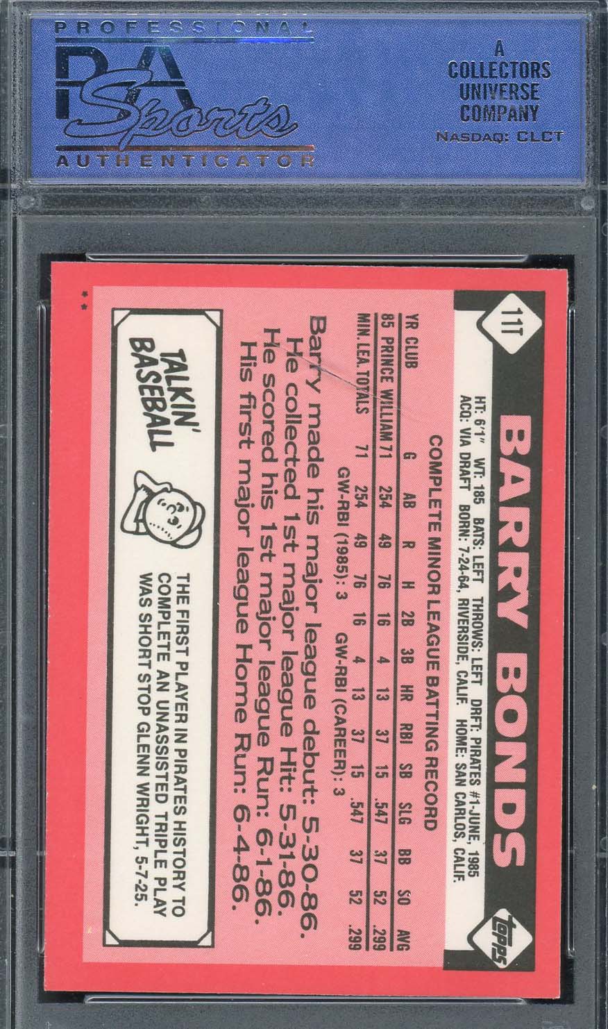 Barry Bonds 1986 Topps Traded Baseball Rookie Card RC #11T Graded PSA 9-Powers Sports Memorabilia