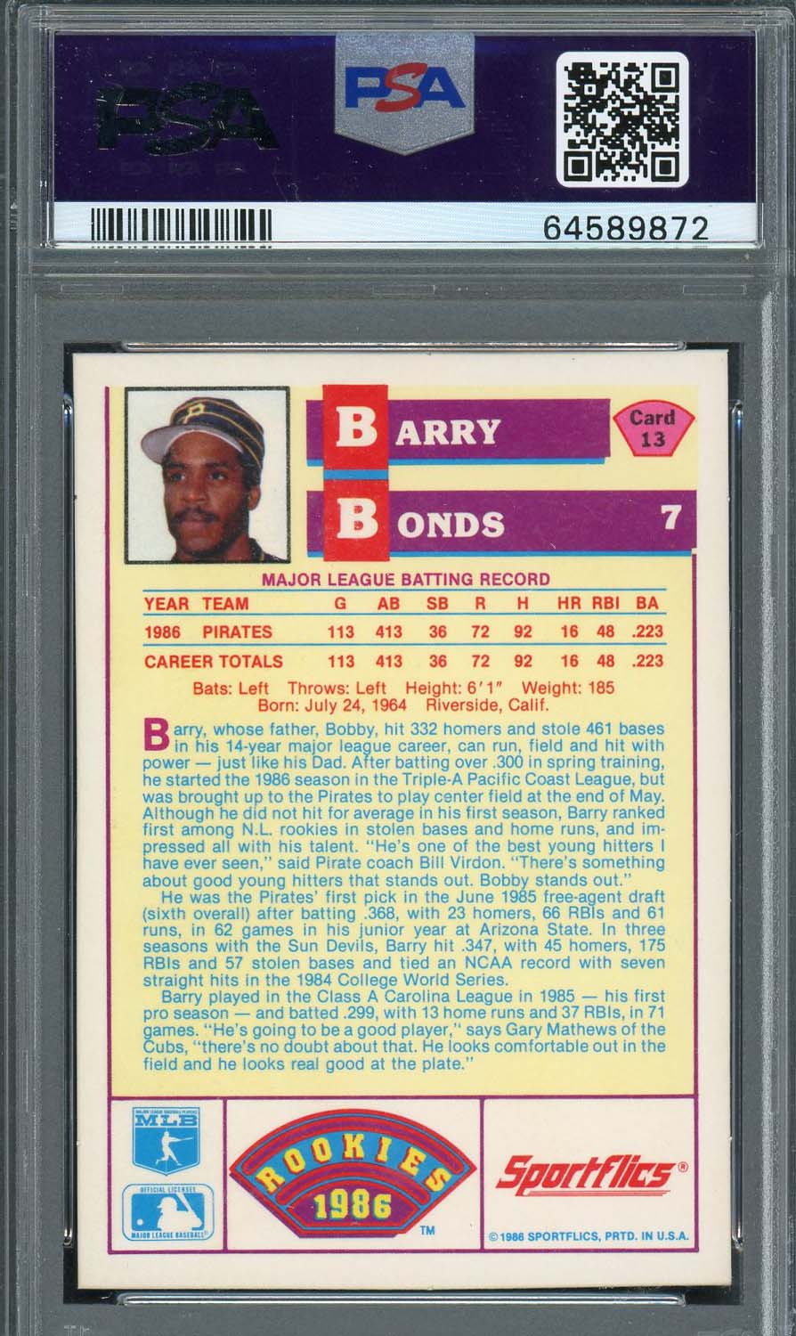 Barry Bonds 1986 Sportflics Baseball Rookie Card RC #13 Graded PSA 10-Powers Sports Memorabilia