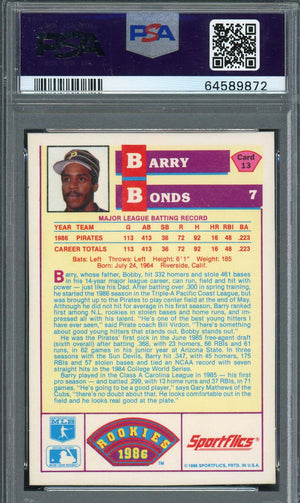 Barry Bonds 1986 Sportflics Baseball Rookie Card RC #13 Graded PSA 10-Powers Sports Memorabilia