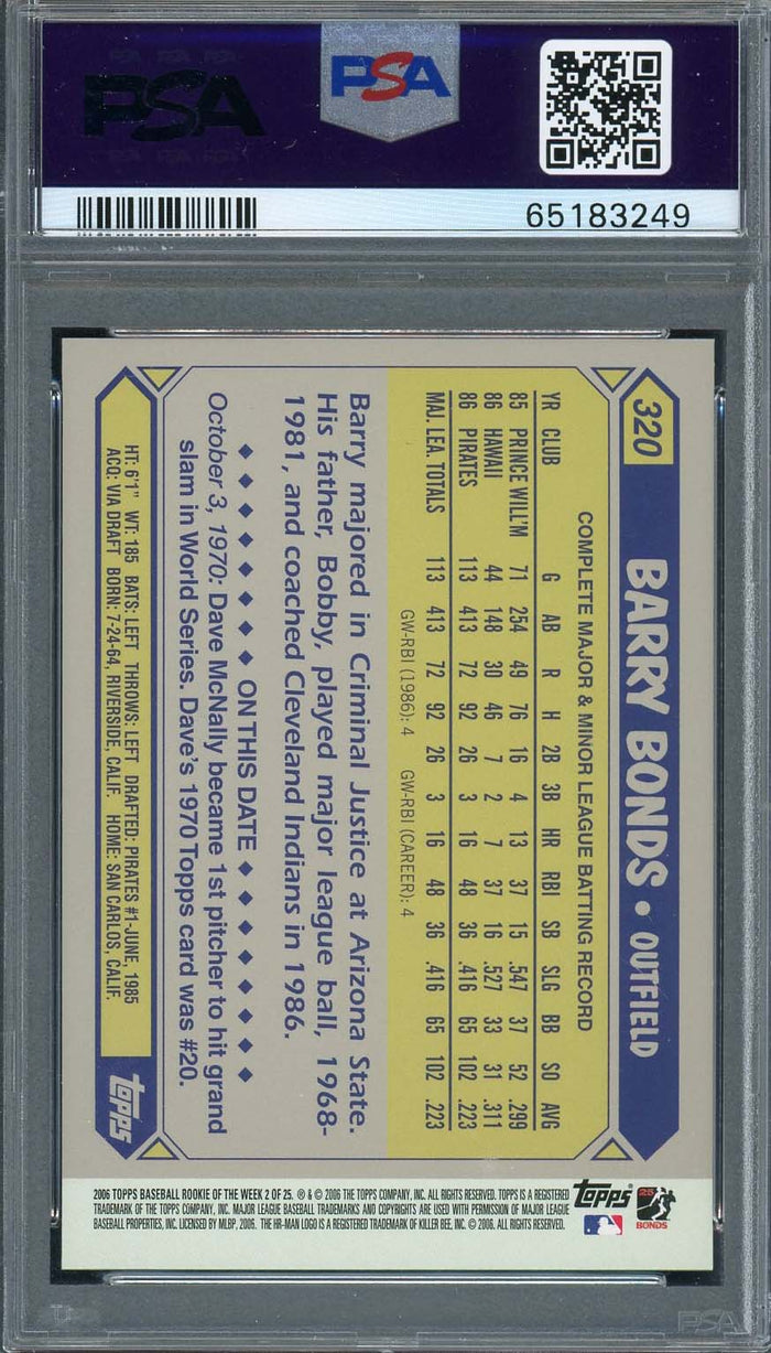 Barry Bonds 2006 Topps Rookie of the Week Baseball Card #2 Graded PSA 10-Powers Sports Memorabilia