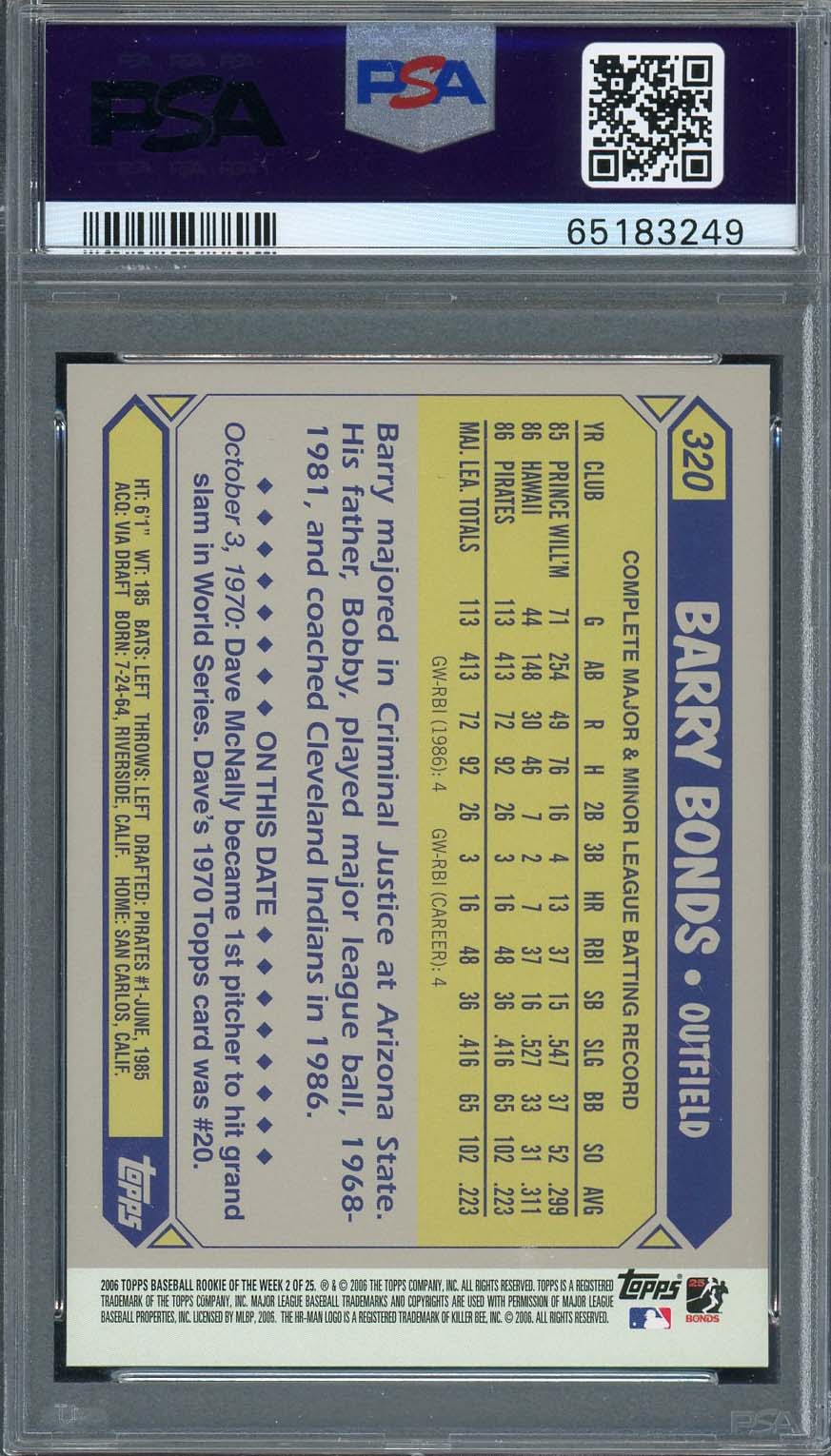 Barry Bonds 2006 Topps Rookie of the Week Baseball Card #2 Graded PSA 10-Powers Sports Memorabilia