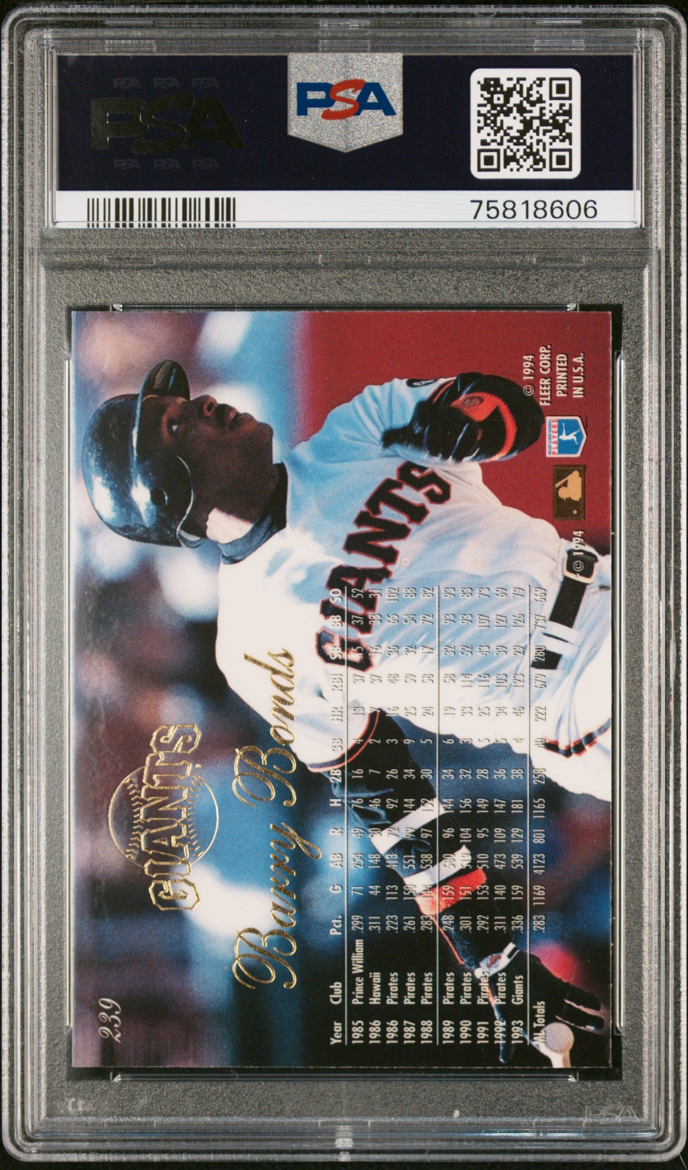 Barry Bonds 1994 Flair Baseball Card #239 Graded PSA 10-Powers Sports Memorabilia