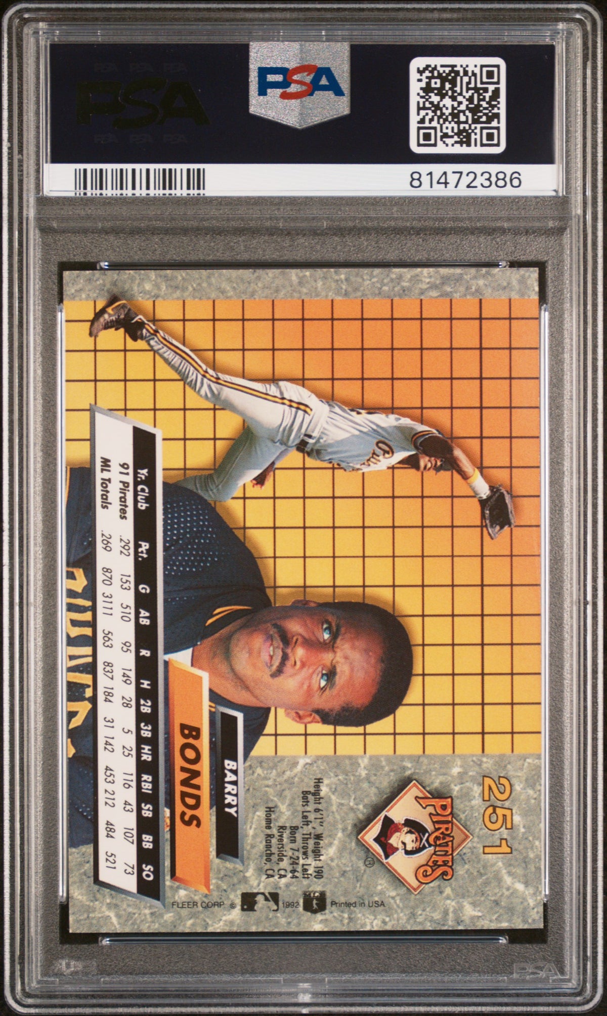 Barry Bonds 1992 Fleer Ultra Baseball Card #251 Graded PSA 10-Powers Sports Memorabilia