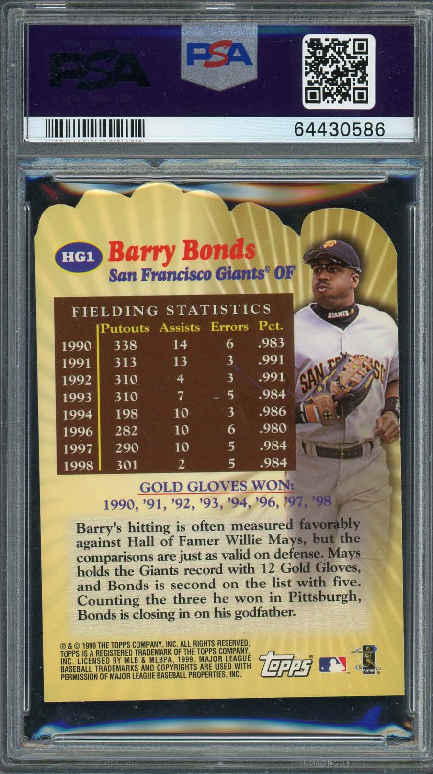 Barry Bonds 2000 Topps Hands of Gold Baseball Card #HG1 Graded PSA 10-Powers Sports Memorabilia