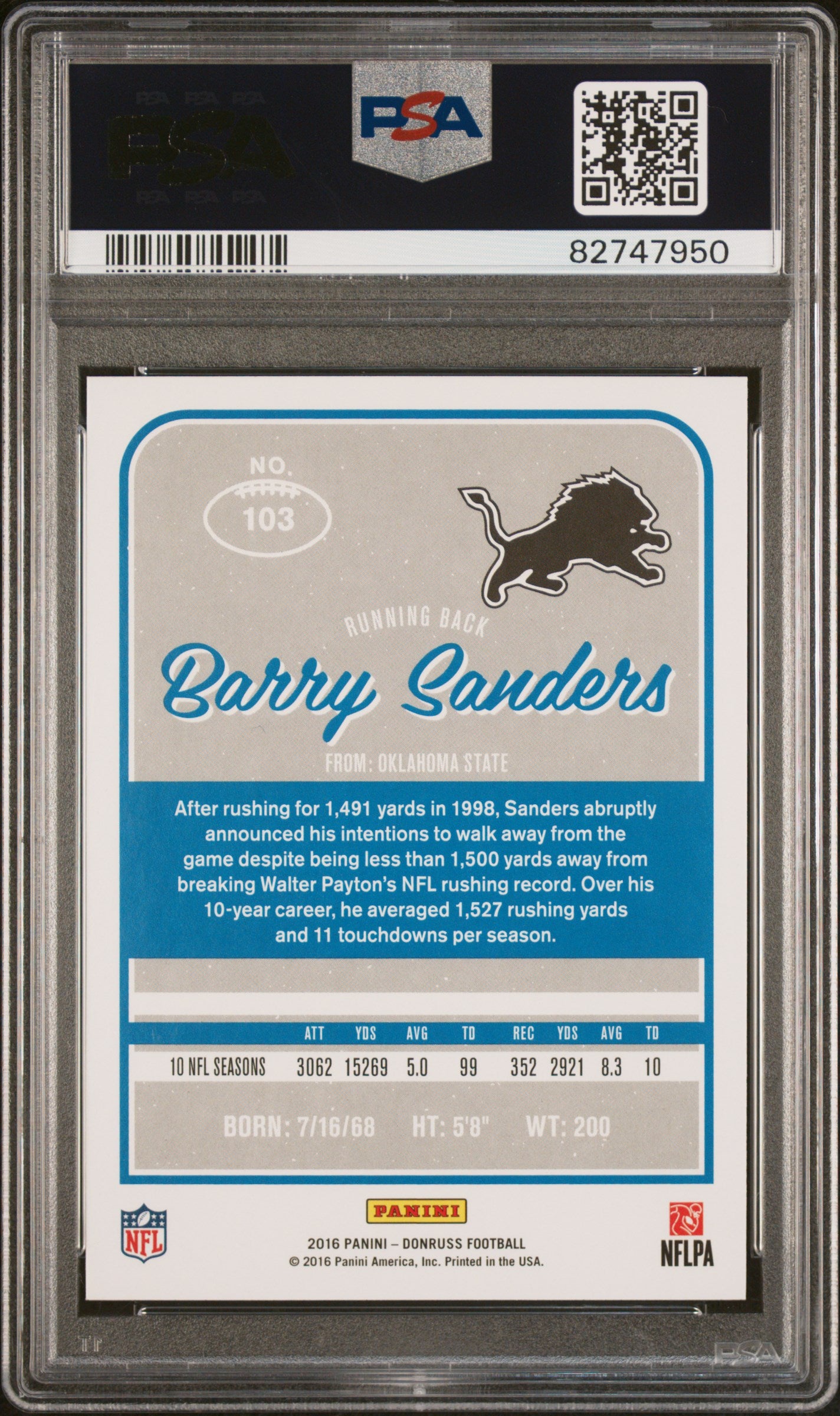 Barry Sanders 2016 Panini Donruss Football Card #103 Graded PSA 10-Powers Sports Memorabilia