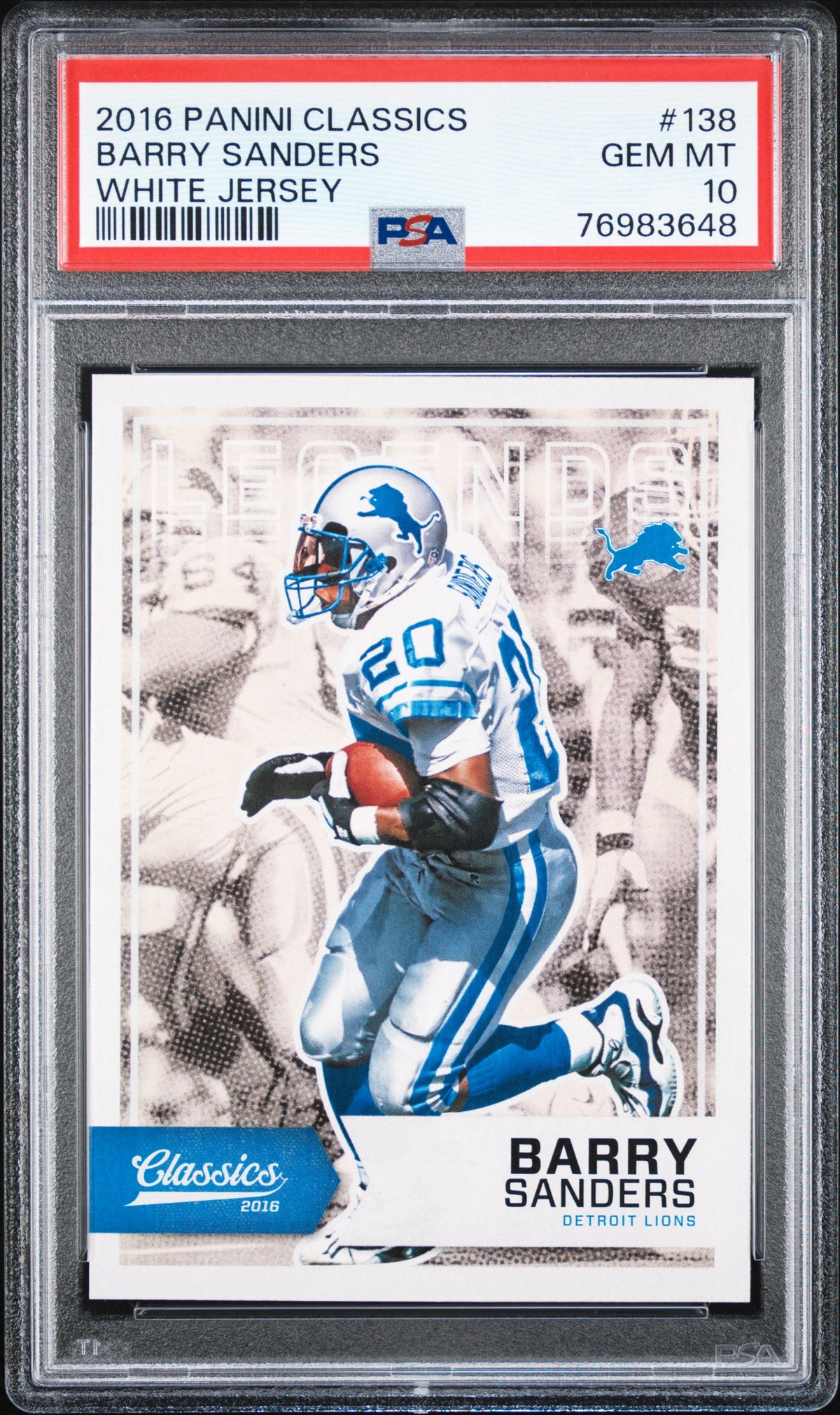 Barry Sanders 2016 Panini Classics White Jersey Football Card #138 Graded PSA 10-Powers Sports Memorabilia