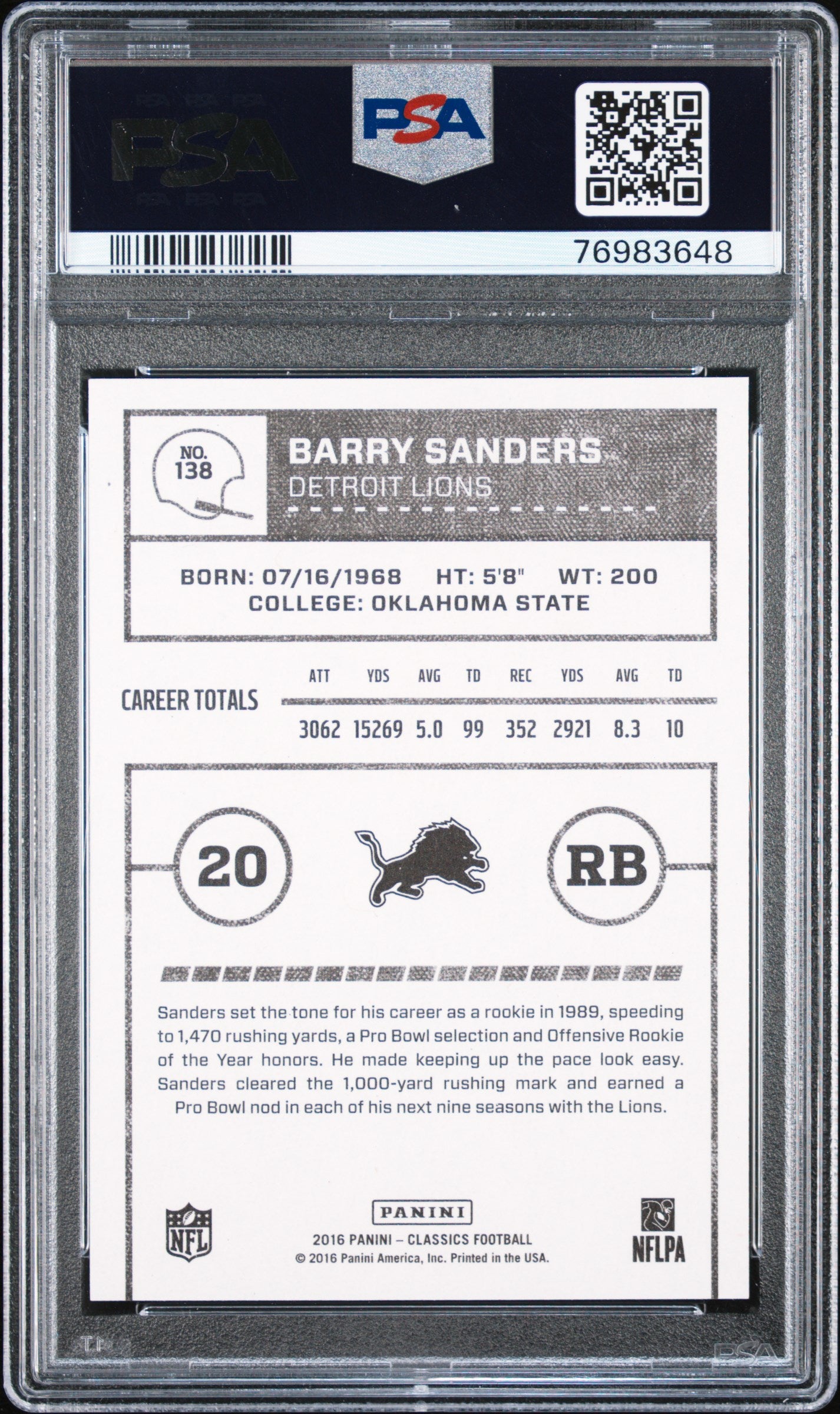 Barry Sanders 2016 Panini Classics White Jersey Football Card #138 Graded PSA 10-Powers Sports Memorabilia
