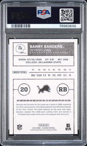 Barry Sanders 2016 Panini Classics White Jersey Football Card #138 Graded PSA 10-Powers Sports Memorabilia