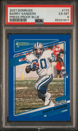 Barry Sanders 2021 Panini Donruss Press Proof Blue Card #173 Graded PSA 6-Powers Sports Memorabilia