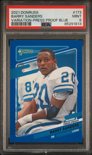 Barry Sanders 2021 Panini Donruss Variation Press Proof Blue Card #173 PSA 9-Powers Sports Memorabilia