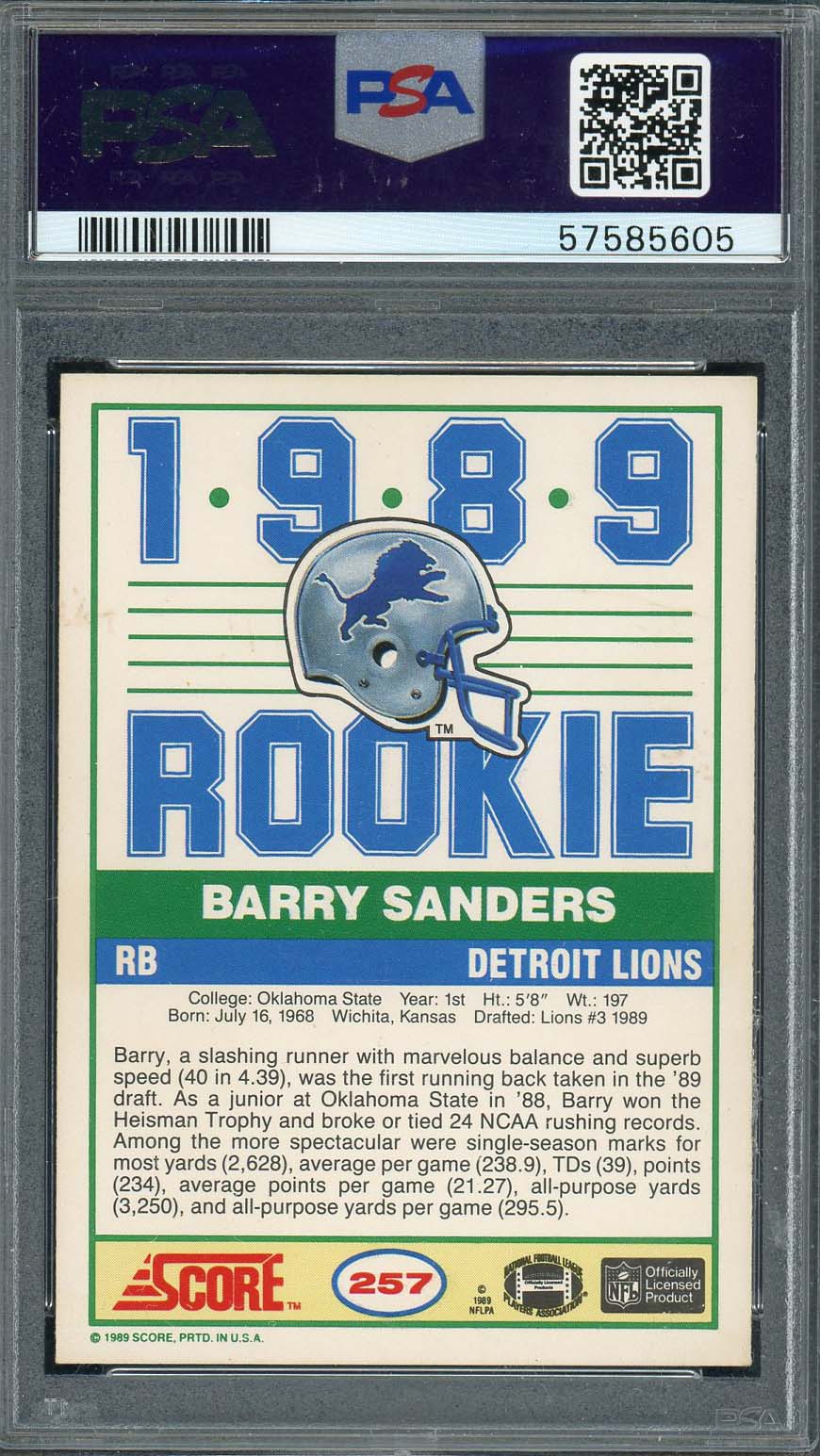 Barry Sanders 1989 Score Football Rookie Card RC #257 Graded PSA 6-Powers Sports Memorabilia