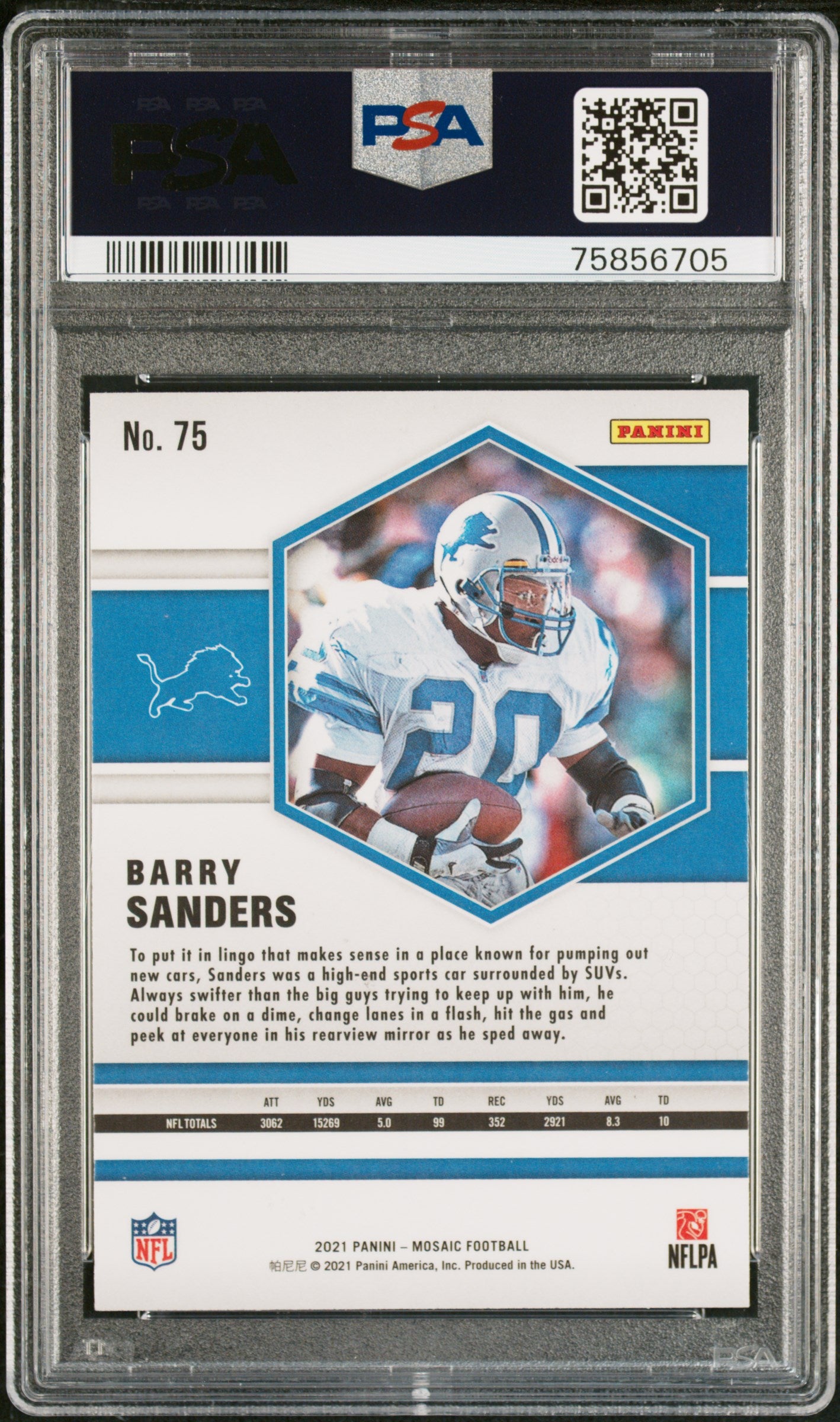 Barry Sanders 2021 Panini Mosaic Football Card #75 Graded PSA 10-Powers Sports Memorabilia