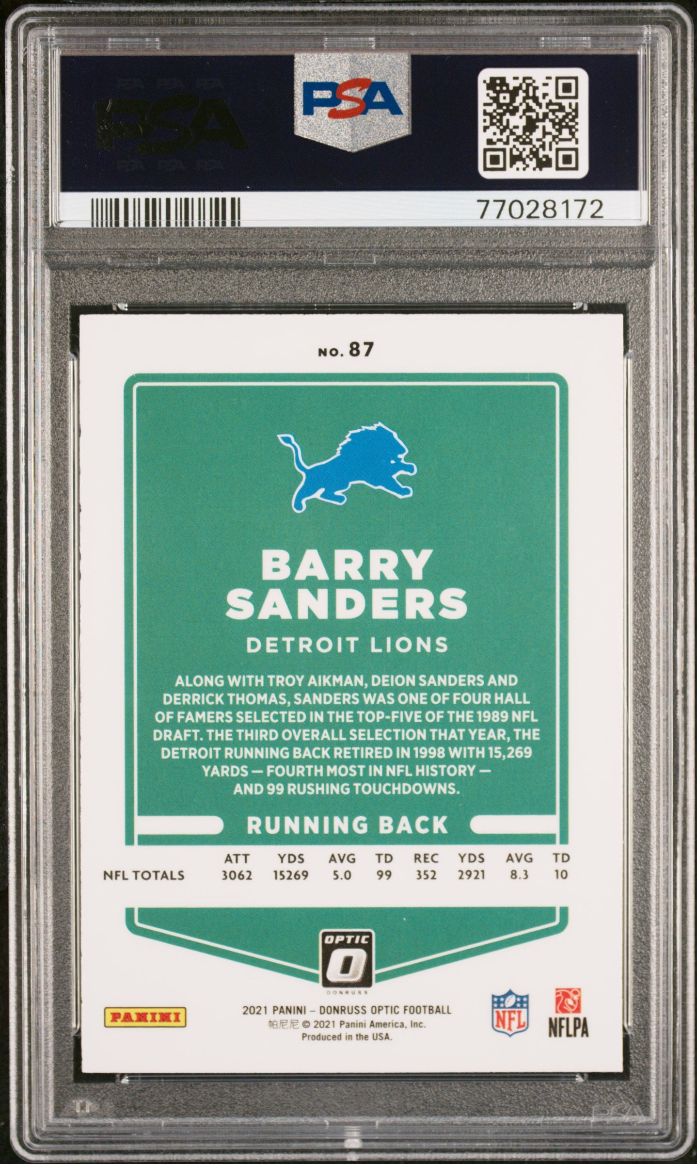 Barry Sanders 2021 Panini Donruss Optic Football Card #87 Graded PSA 10-Powers Sports Memorabilia