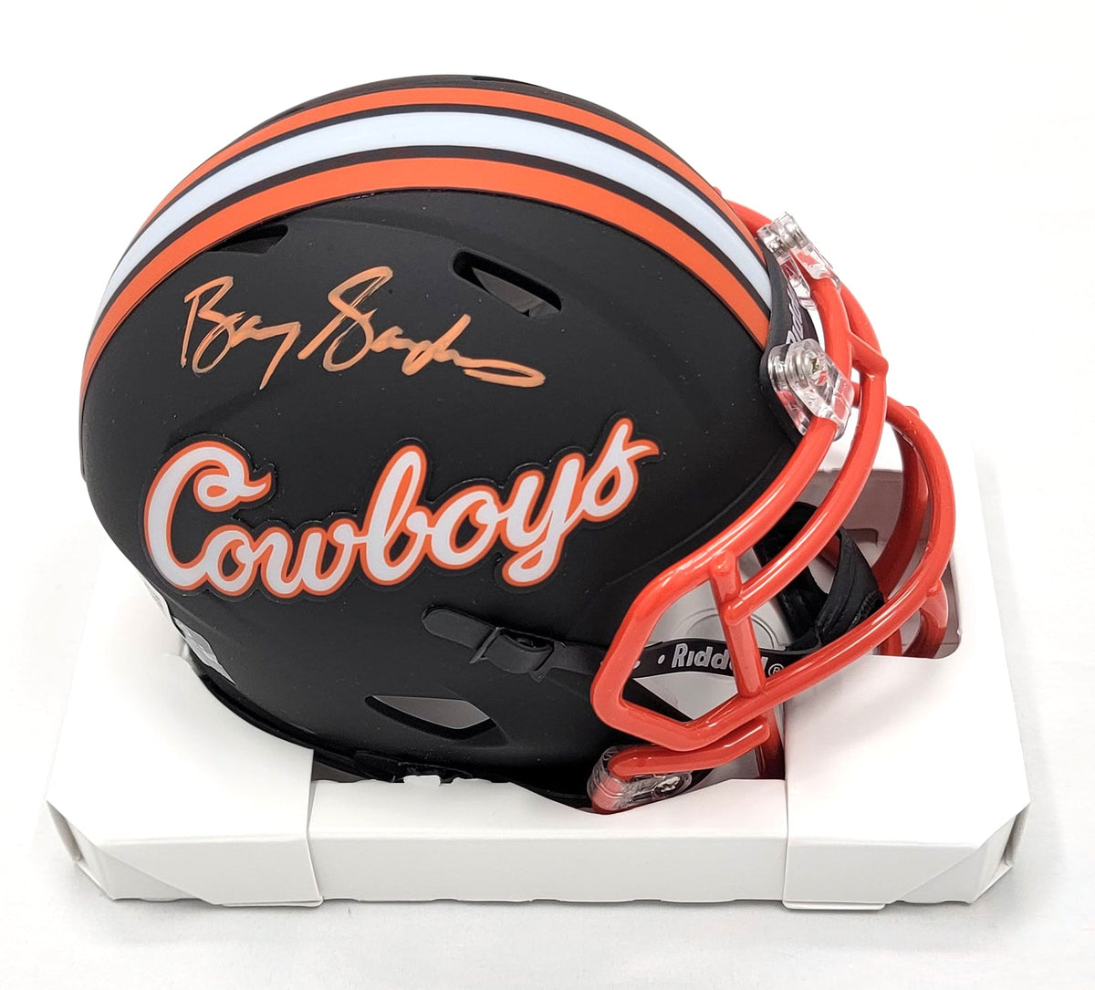 Barry Sanders Signed Oklahoma State Cowboys Matte Black Mini Helmet - Beckett-Powers Sports Memorabilia