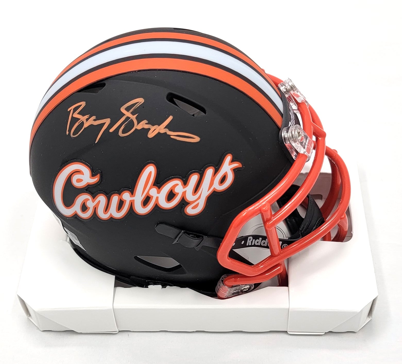 Barry Sanders Signed Oklahoma State Cowboys Matte Black Mini Helmet - Beckett-Powers Sports Memorabilia