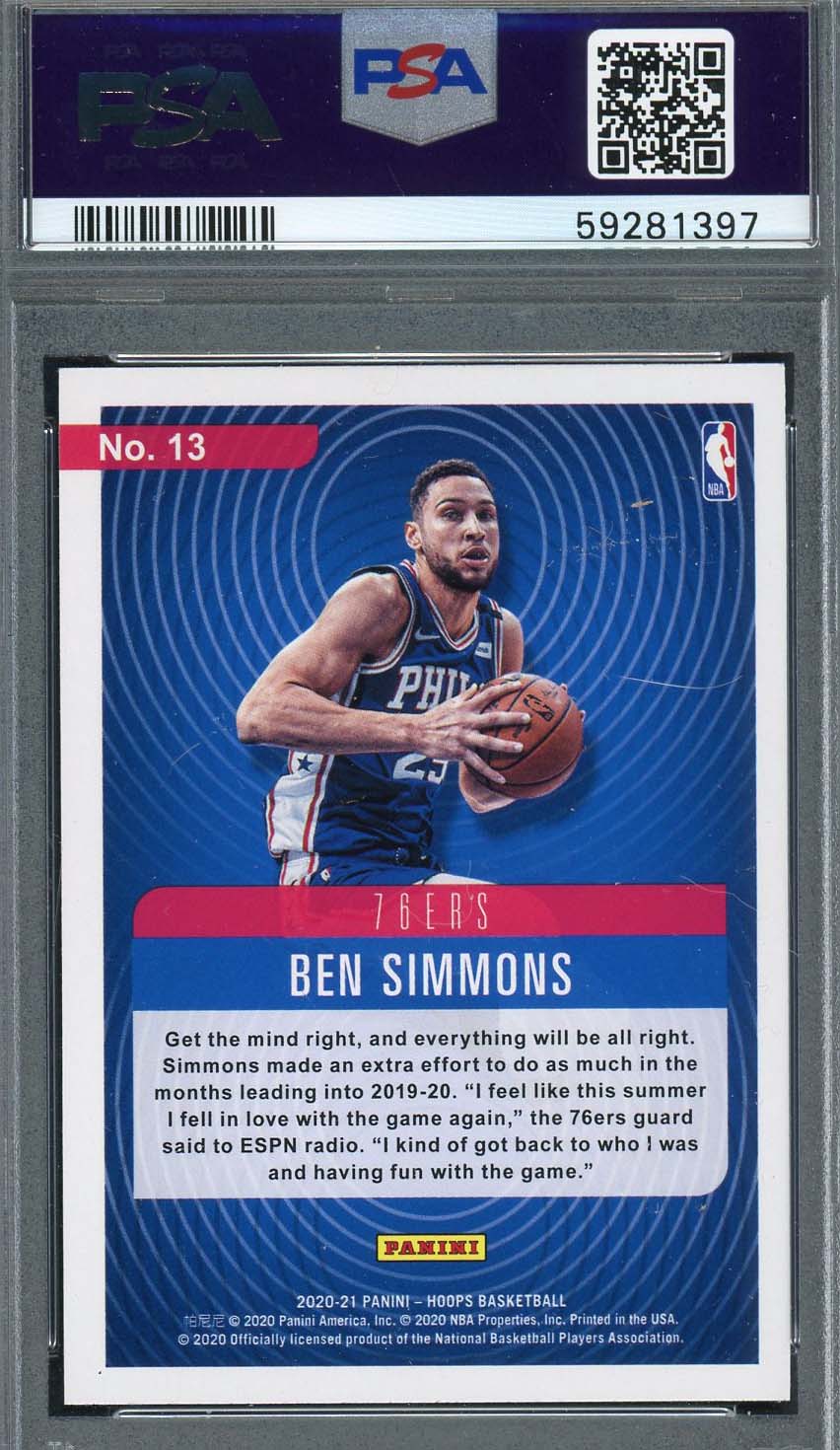 Ben Simmons 2020 Panini Hoops Hipnotized Basketball Card #13 Graded PSA 10-Powers Sports Memorabilia