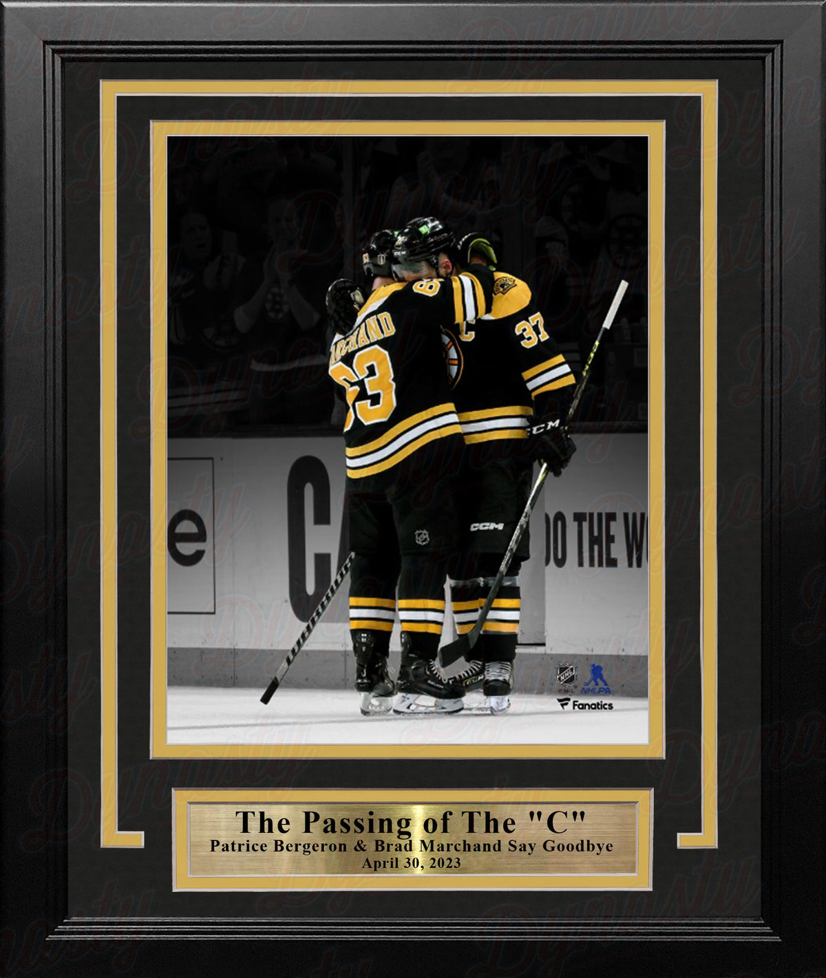 Brad Marchand & Patrice Bergeron Hug During Bergeron's Final Game Boston Bruins 8x10 Framed Photo-Powers Sports Memorabilia