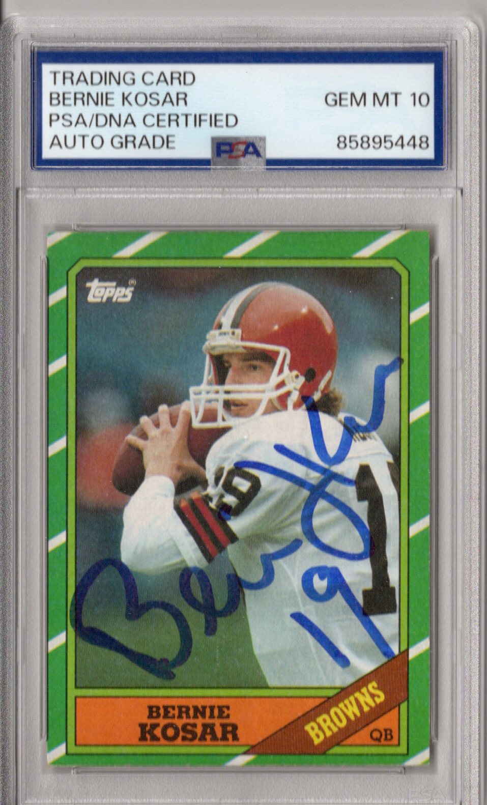Bernie Kosar Autographad Cleveland Browns Topps 1986 Rookie Card #187 PSA AUTO GRADE GEM MT 10-Powers Sports Memorabilia
