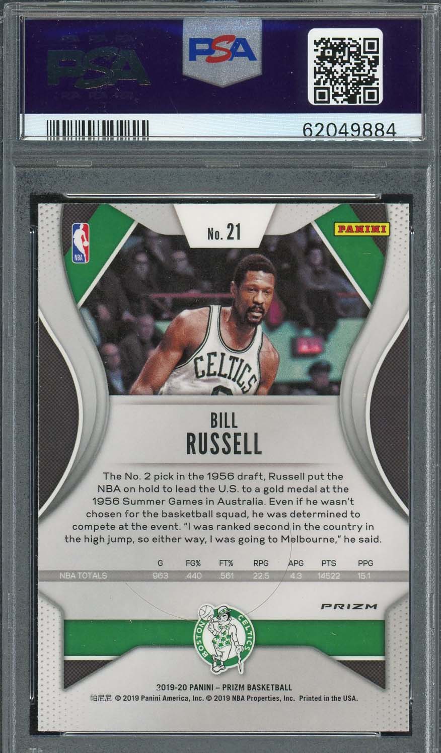 Bill Russell 2019 Panini Prizm Green Prizm Basketball Card #21 Graded PSA 10-Powers Sports Memorabilia