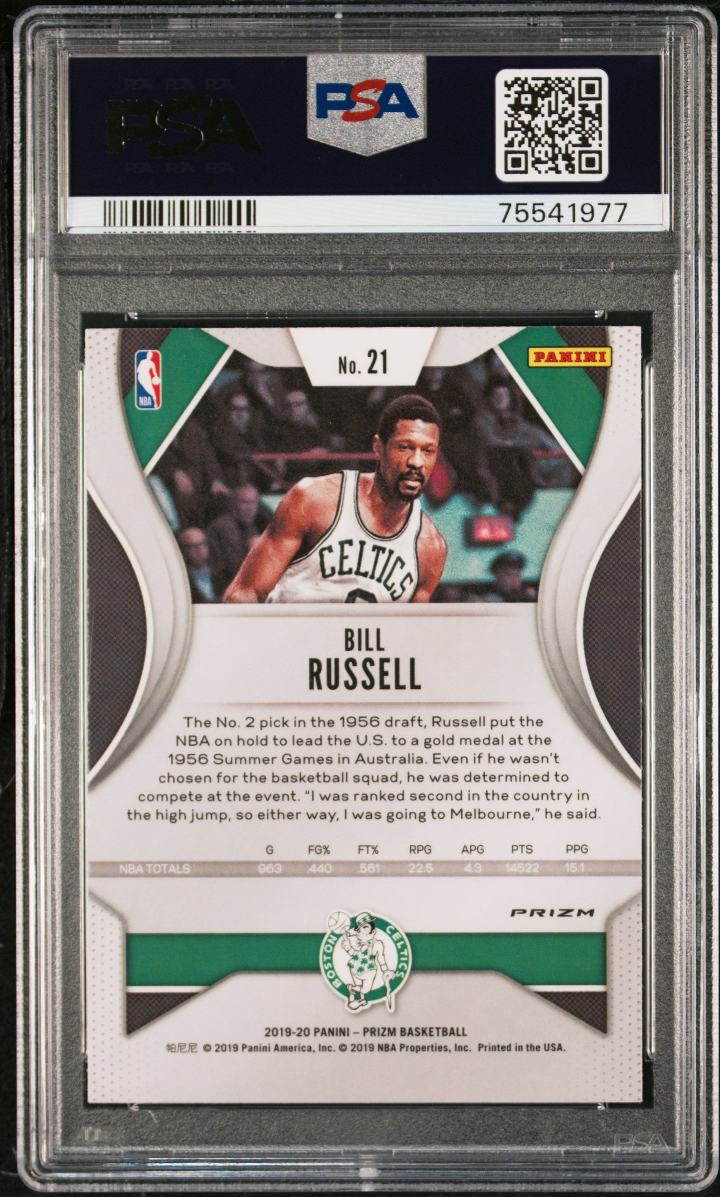Bill Russell 2019 Panini Green Prizm Basketball Card #21 Graded PSA 9-Powers Sports Memorabilia