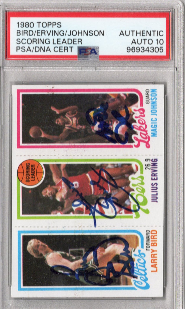 Larry Bird Julius Erving Magic Johnson Signed Celtics 76ers Lakers 1980 Topps Rookie Card PSA Graded AUTHENTIC AUTO 10-Powers Sports Memorabilia