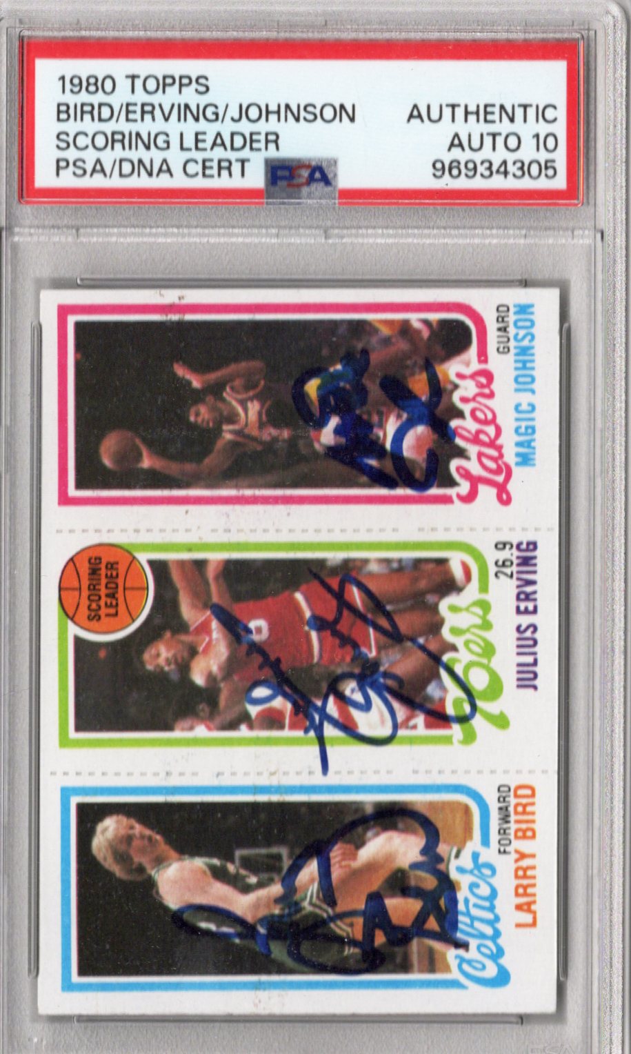 Larry Bird Julius Erving Magic Johnson Signed Celtics 76ers Lakers 1980 Topps Rookie Card PSA Graded AUTHENTIC AUTO 10-Powers Sports Memorabilia