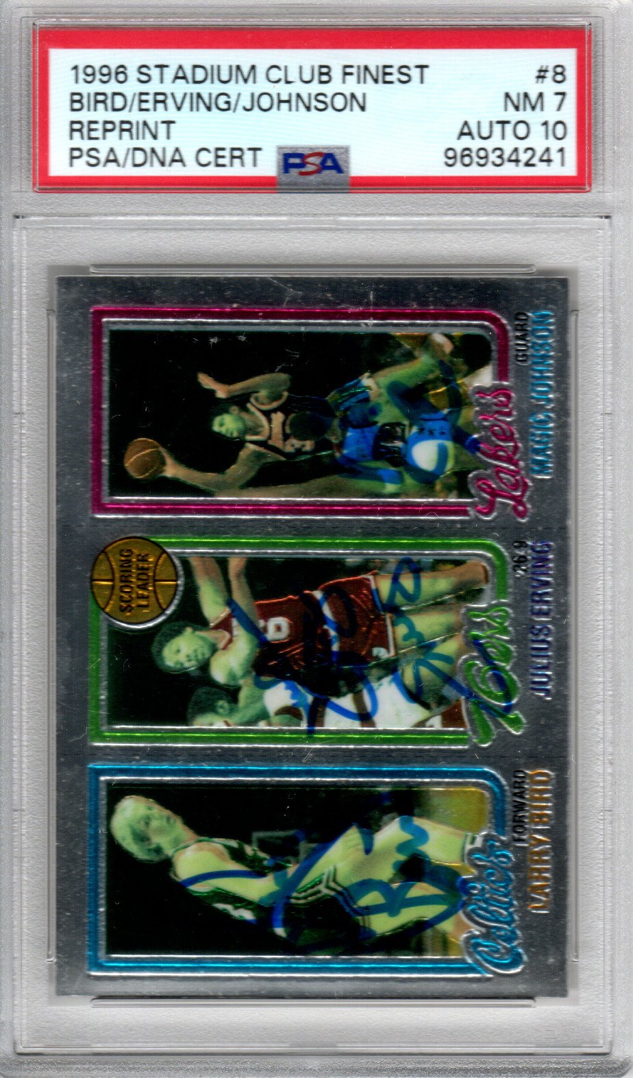 Larry Bird Julius Erving Magic Johnson Signed 1996 Stadium Club Topps Finest Card PSA 96934241-Powers Sports Memorabilia