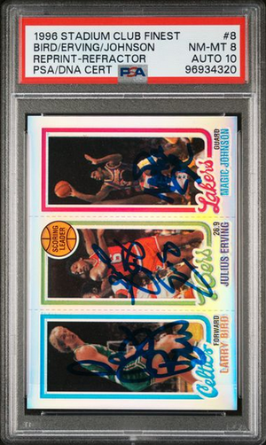 Bird, Magic & Dr. J Signed 1996 Topps Reprint Refractor PSA 8 AUTO 10 - PSA Cert #96934320-Powers Sports Memorabilia