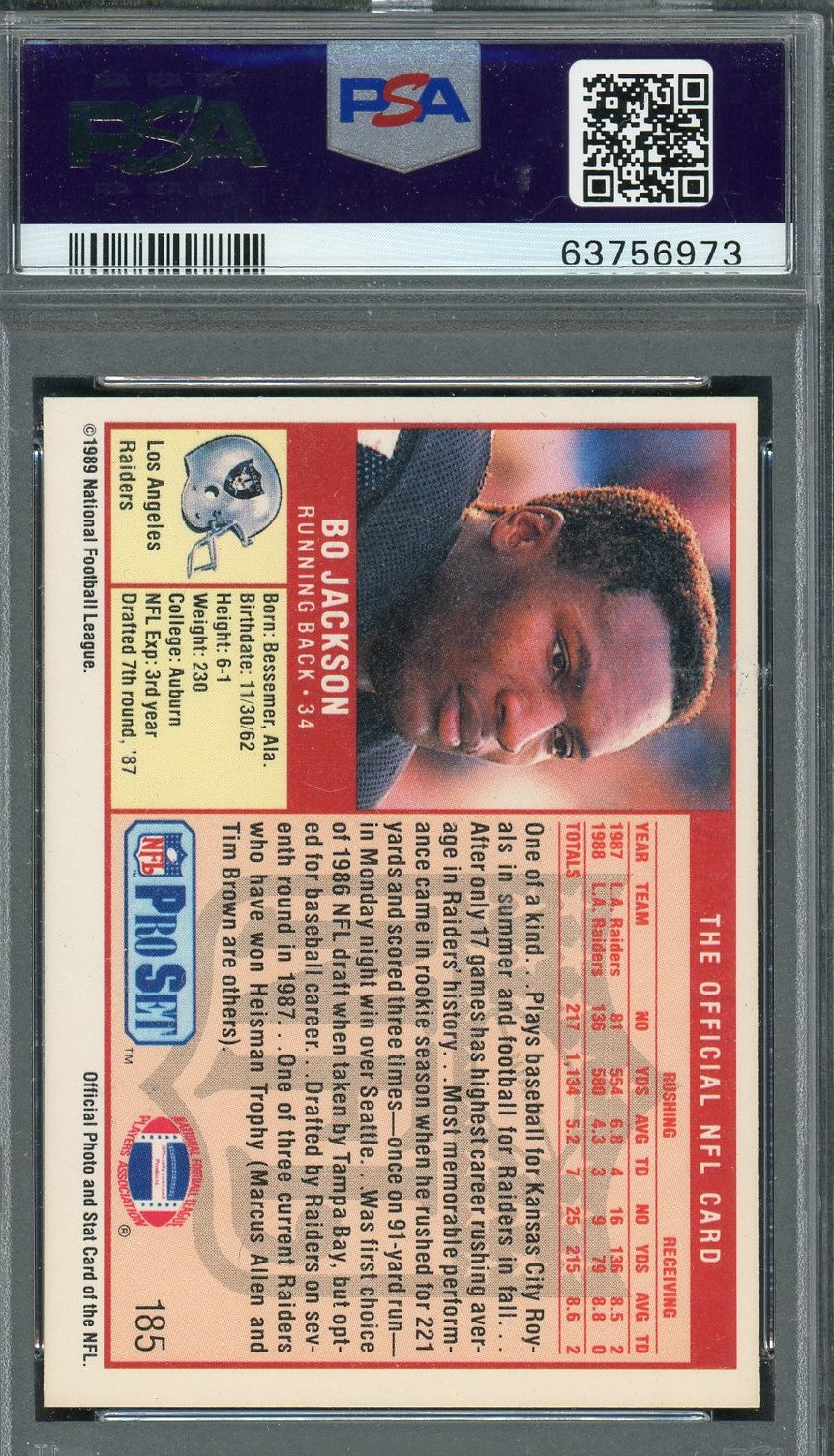 Bo Jackson 1989 Pro Set Football Card #185 Graded PSA 10-Powers Sports Memorabilia