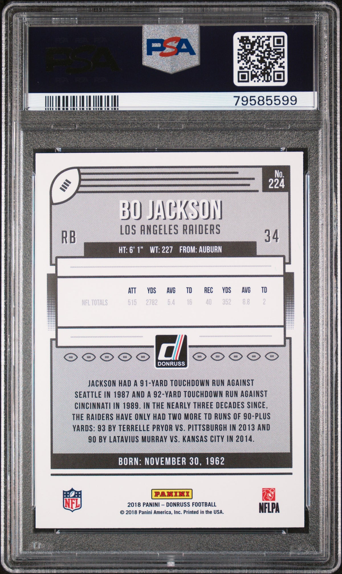 Bo Jackson 2018 Panini Donruss Football Card #224 Graded PSA 10-Powers Sports Memorabilia