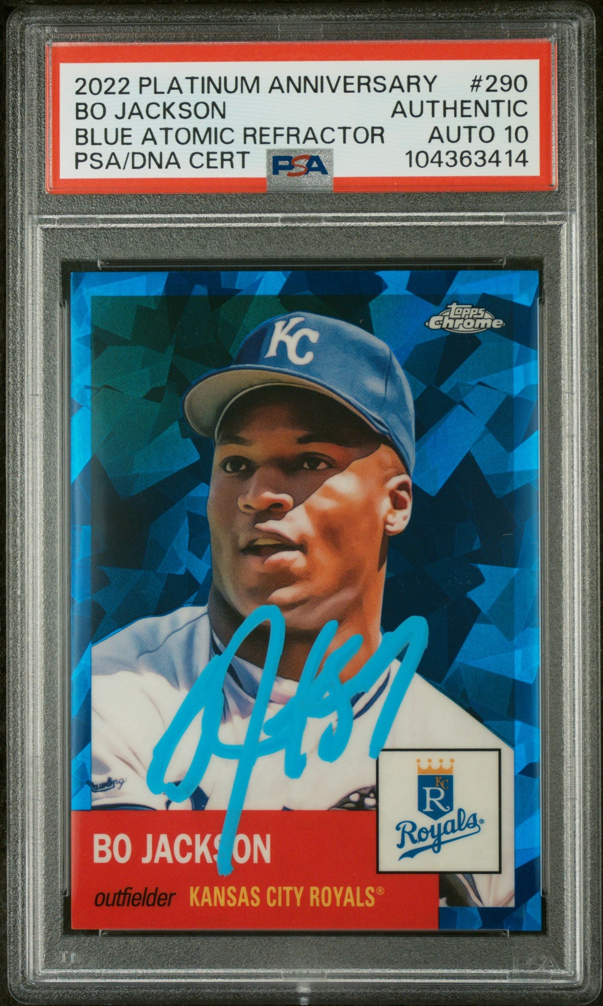 Bo Jackson 2022 Topps Chrome Blue Atomic Refractor Card #290 Auto PSA 10 36/100-Powers Sports Memorabilia