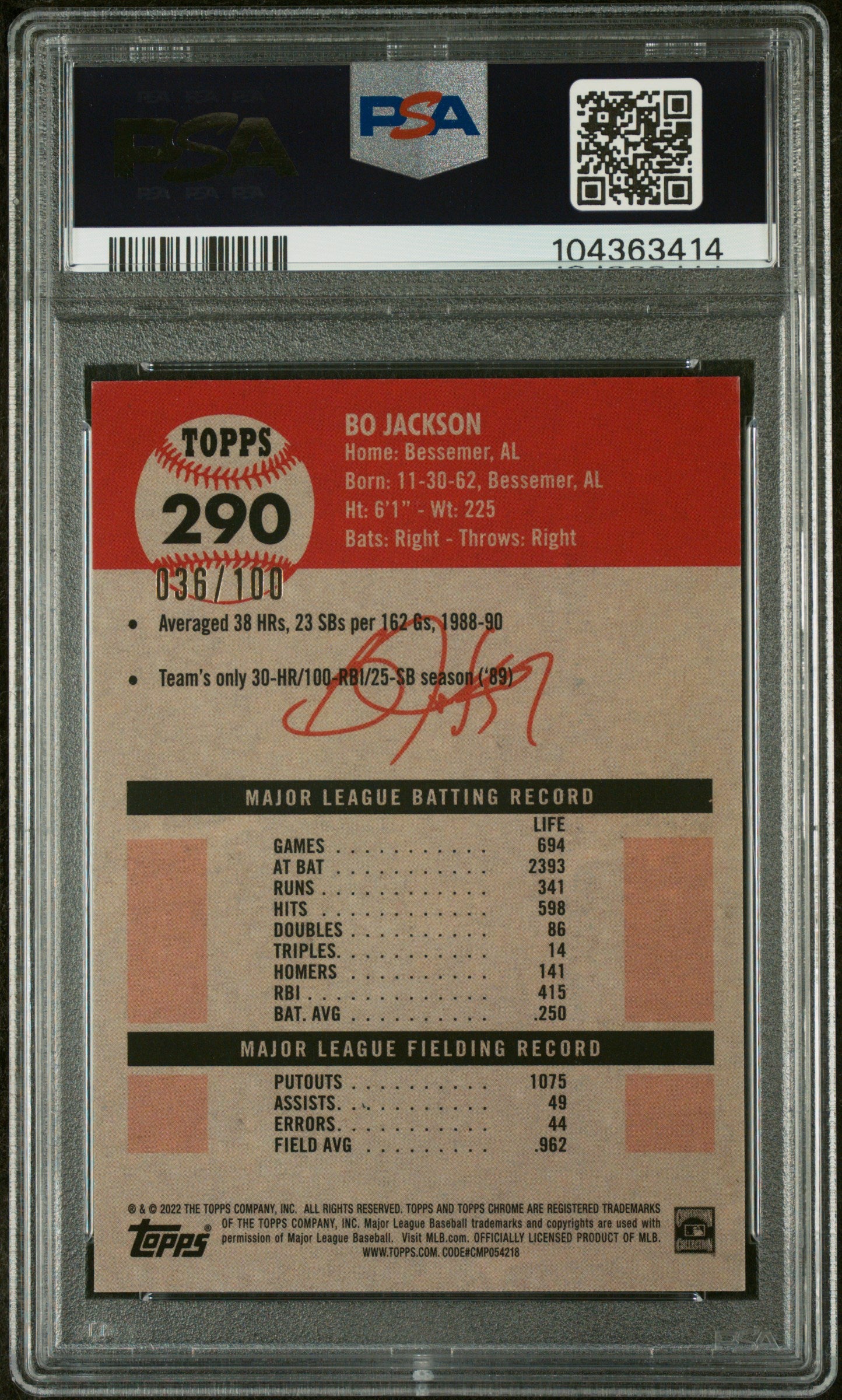 Bo Jackson 2022 Topps Chrome Blue Atomic Refractor Card #290 Auto PSA 10 36/100-Powers Sports Memorabilia