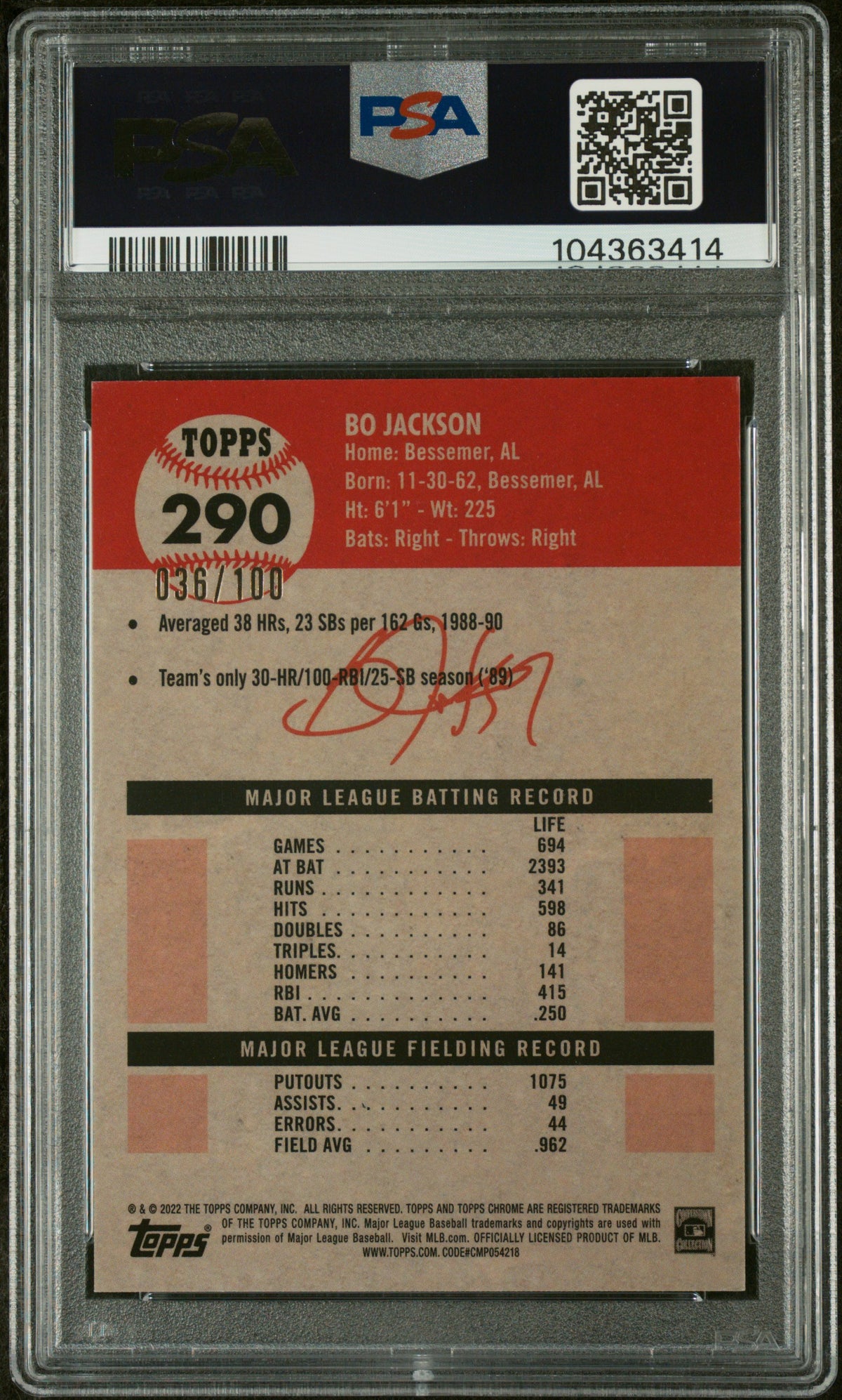 Bo Jackson 2022 Topps Chrome Blue Atomic Refractor Card #290 Auto PSA 10 36/100