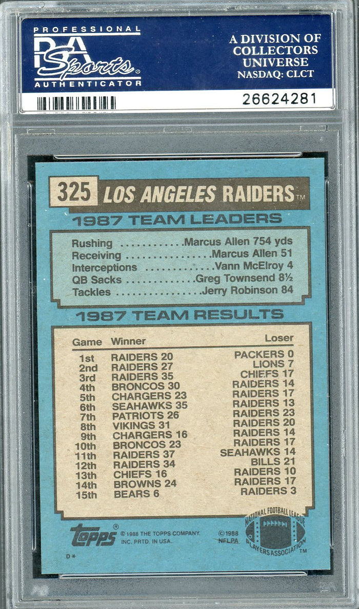 Bo Jackson Los Angeles Raiders 1988 Topps Team Leaders All Alone Football Rookie Card RC #325 Graded PSA 10 GEM MINT-Powers Sports Memorabilia