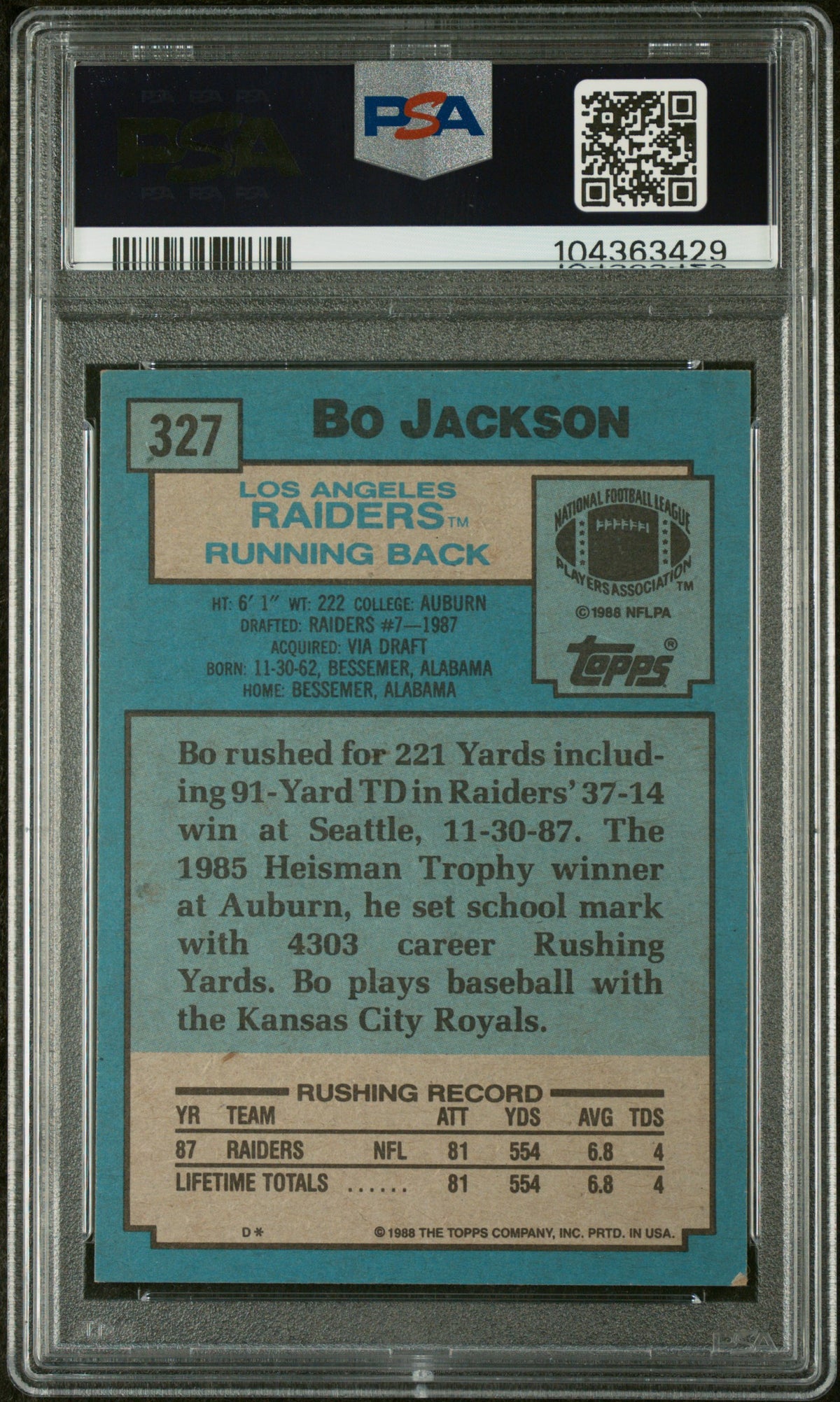 Bo Jackson 1988 Topps Signed Rookie Card #327 Auto Graded PSA 9 104363429-Powers Sports Memorabilia