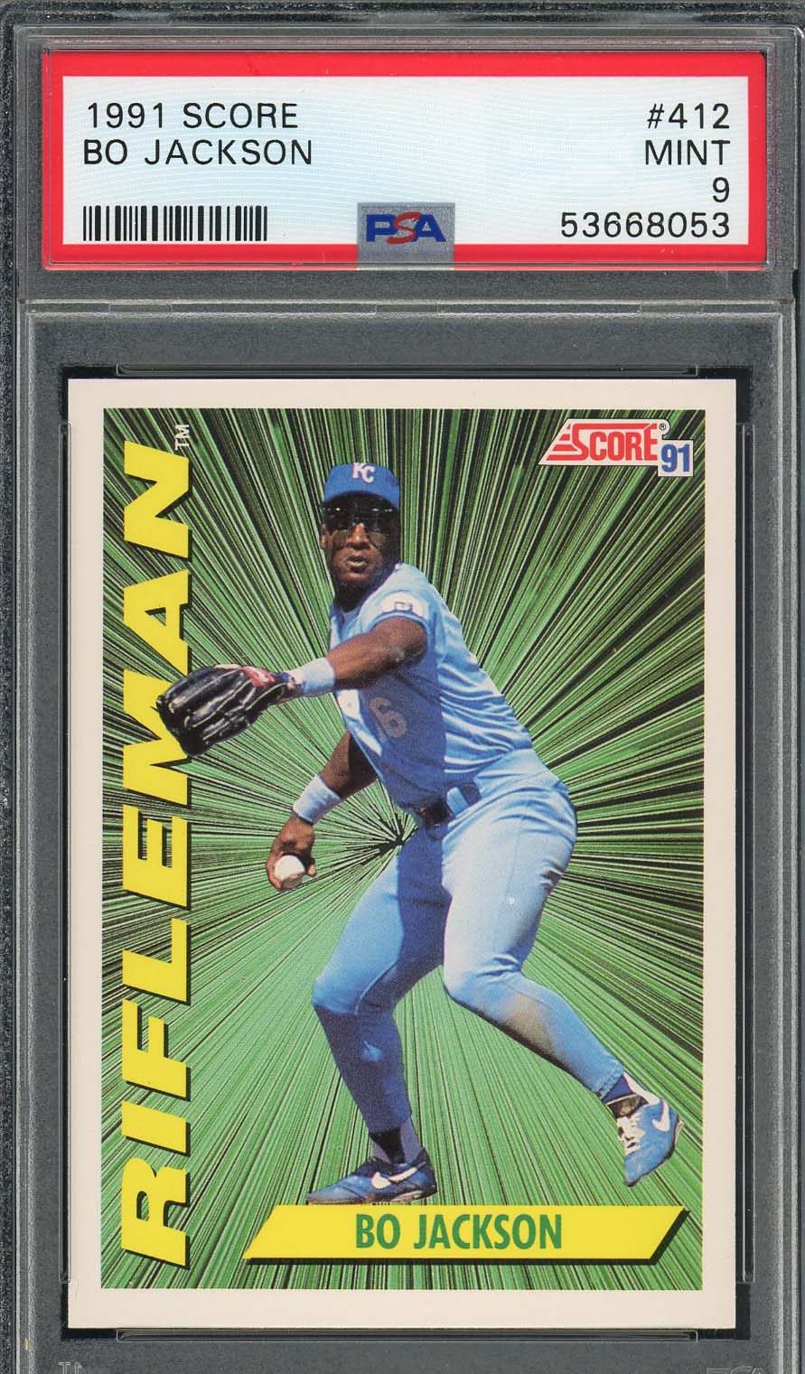 Bo Jackson 1991 Score Rifleman Baseball Card #412 Graded PSA 9-Powers Sports Memorabilia