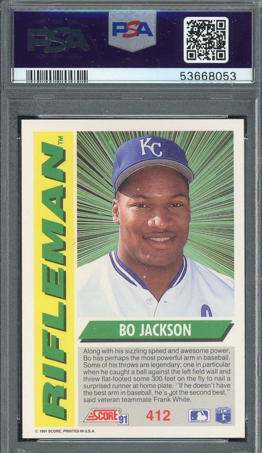 Bo Jackson 1991 Score Rifleman Baseball Card #412 Graded PSA 9-Powers Sports Memorabilia