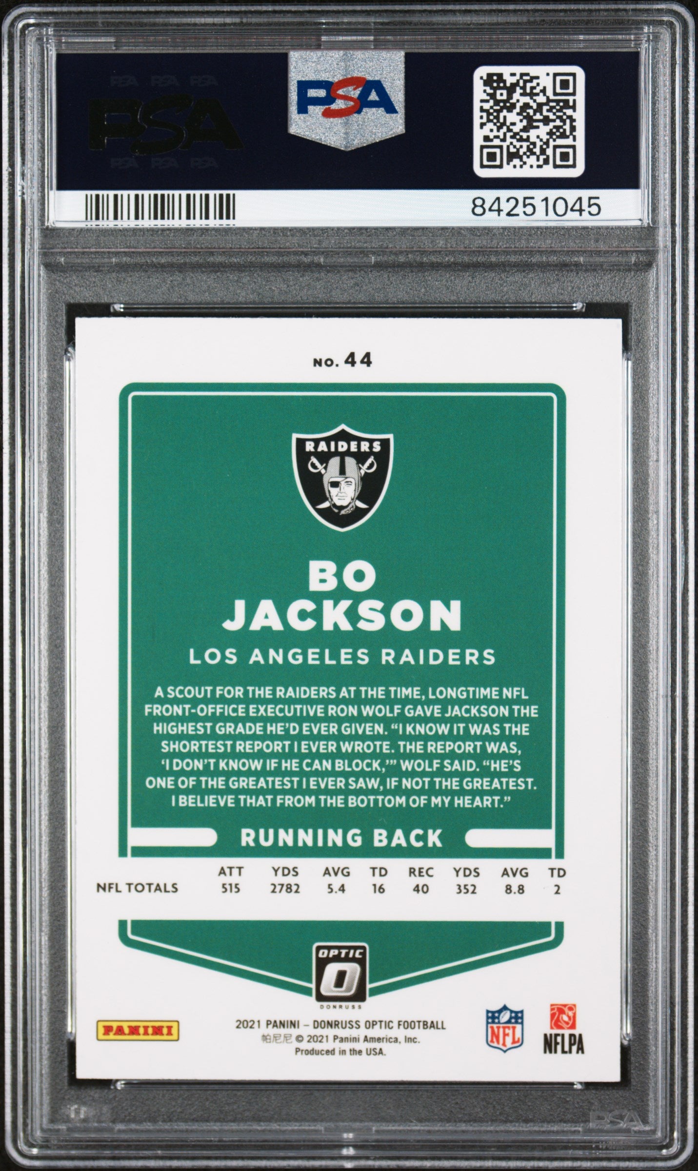 Bo Jackson 2021 Panini Donruss Optic Football Card #44 Graded PSA 8-Powers Sports Memorabilia